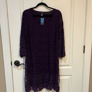 NWT ALFANI Lace dress in plum.  Size L, sheer sleeves, lined body.